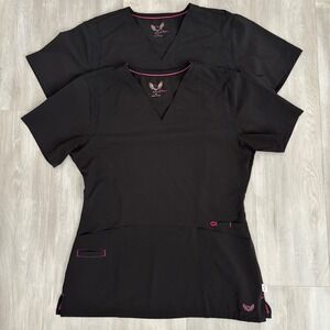 Smitten Women V-Neck Scrub Tops Lot of 2 Size Large Stretch Black Pink